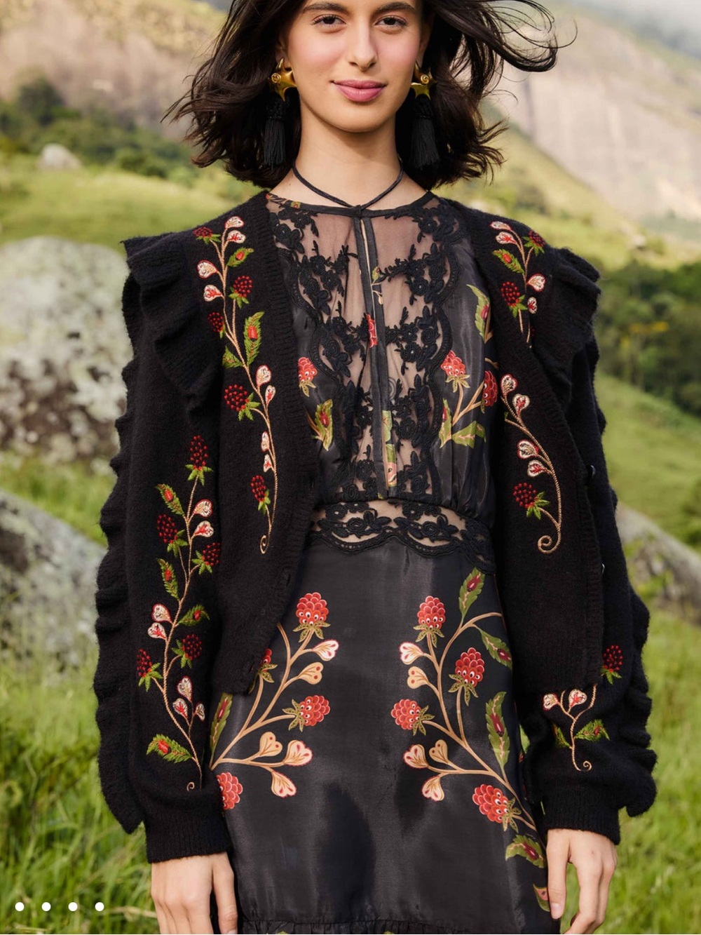 FARM Rio Black Berry Embroidery Knit Cardigan